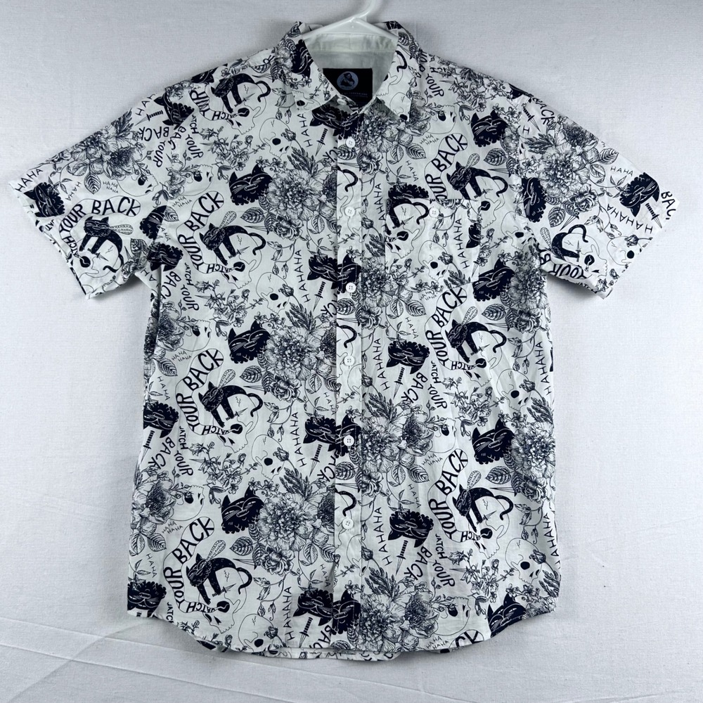 Obinsun Threadless Watch Your Back Skull Cat Button Down Shirt Mens Large White